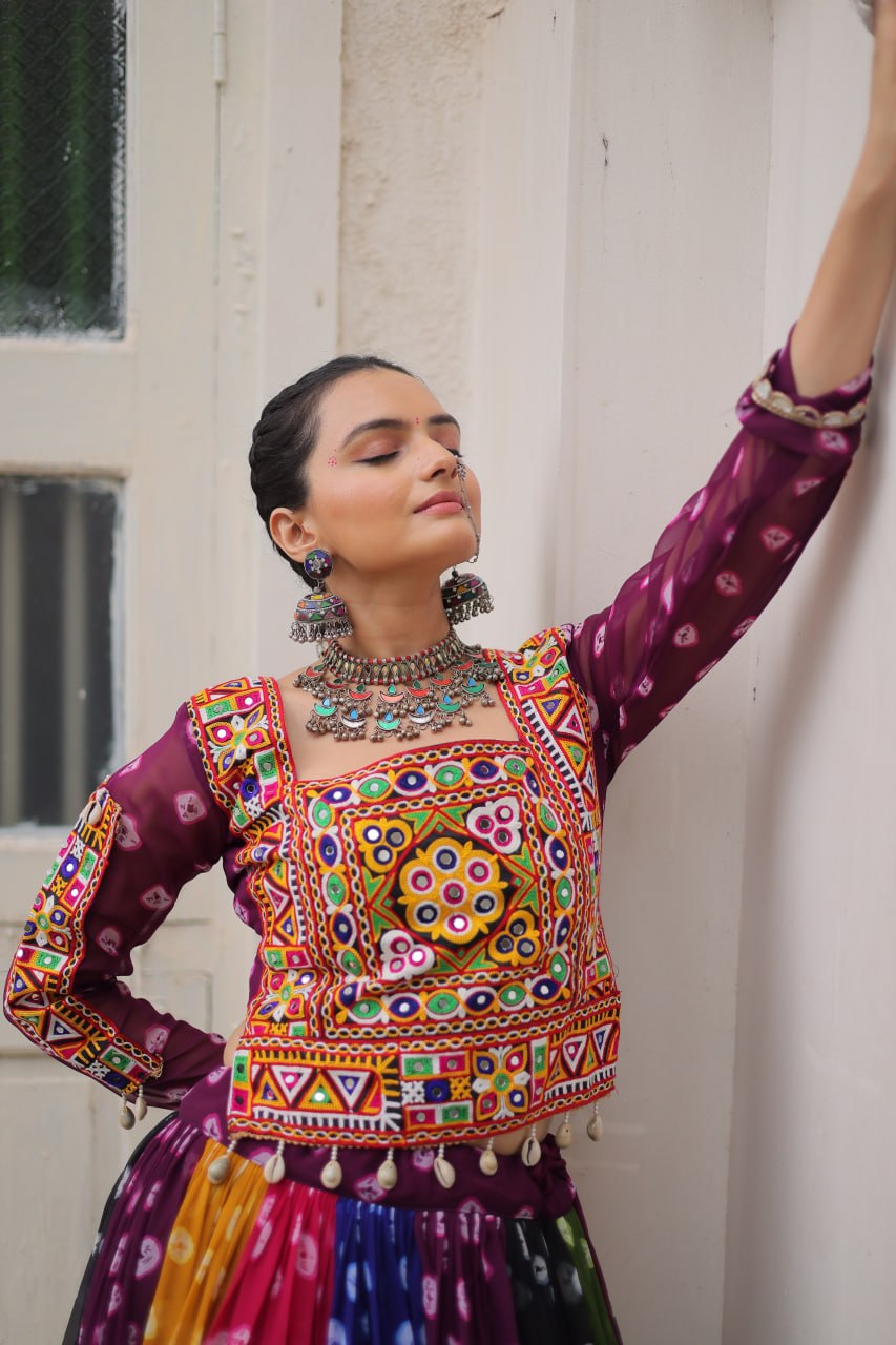 Rangrez Multicolor Georgette Kutchi Gamthi Work Lehenga Choli - Garba Dandiya Festive Wear