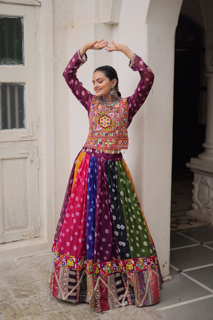 Rangrez Multicolor Georgette Kutchi Gamthi Work Lehenga Choli - Garba Dandiya Festive Wear