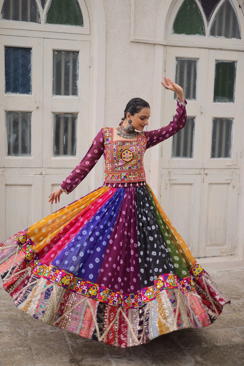 Rangrez Multicolor Georgette Kutchi Gamthi Work Lehenga Choli - Garba Dandiya Festive Wear