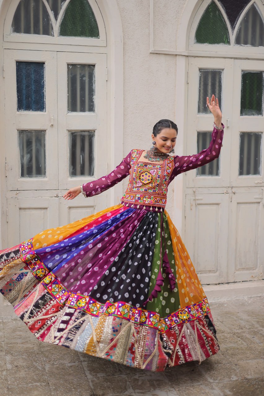 Rangrez Multicolor Georgette Kutchi Gamthi Work Lehenga Choli - Garba Dandiya Festive Wear