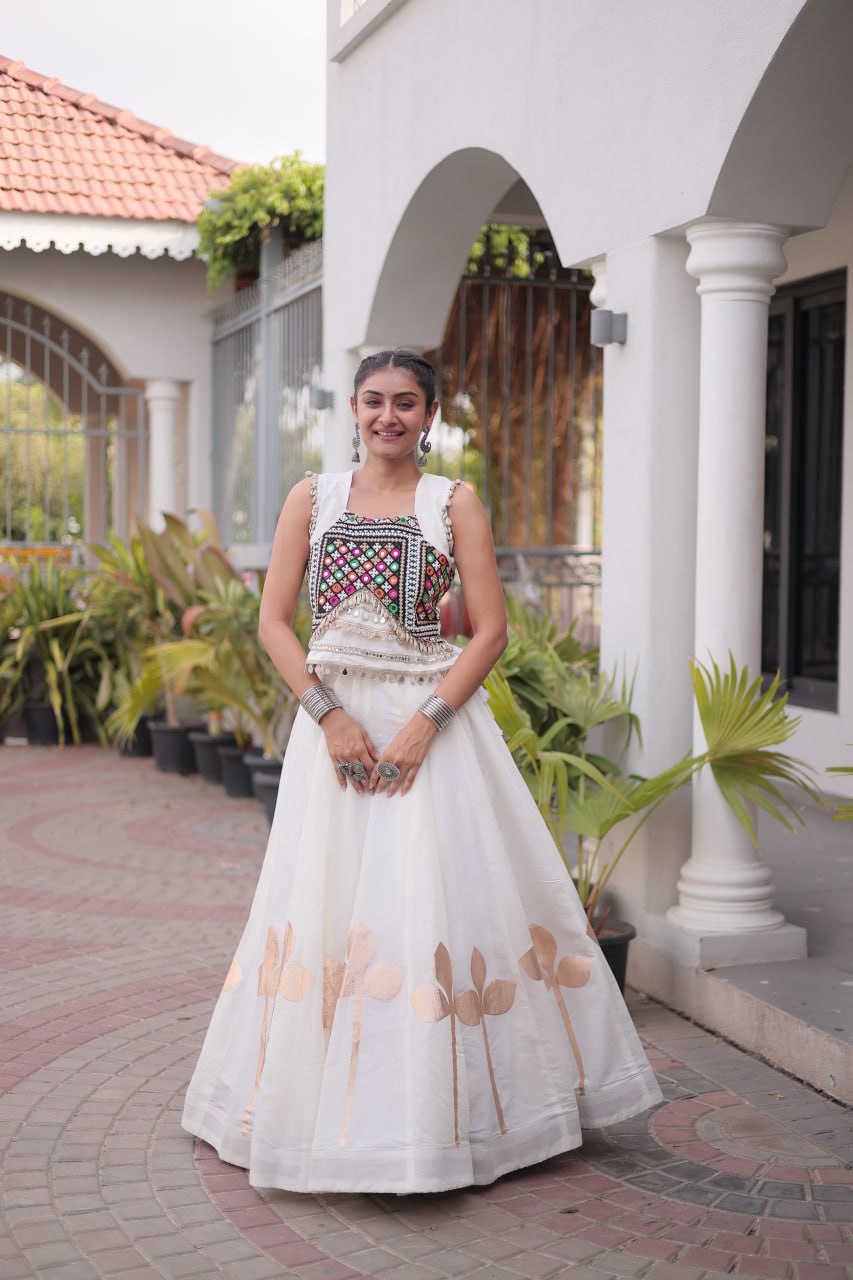 Silk Pan-Patti Gota Pattern mirror work Lehenga With Blouse For Dandiya Night