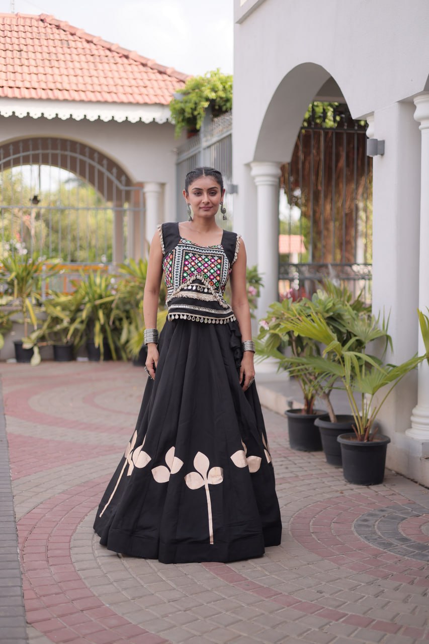 Silk Pan-Patti Gota Pattern mirror work Lehenga With Blouse For Dandiya Night