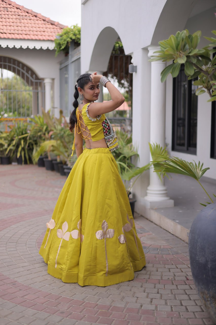 Silk Pan-Patti Gota Pattern mirror work Lehenga With Blouse For Dandiya Night