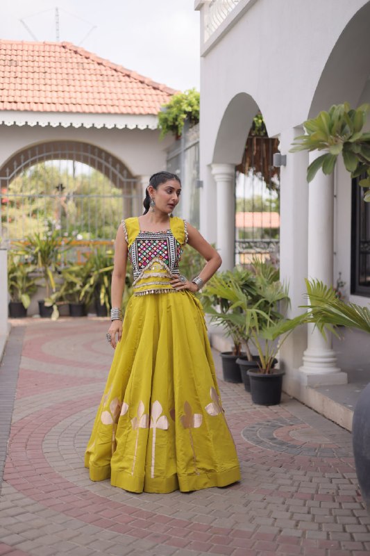 Silk Pan-Patti Gota Pattern mirror work Lehenga With Blouse For Dandiya Night