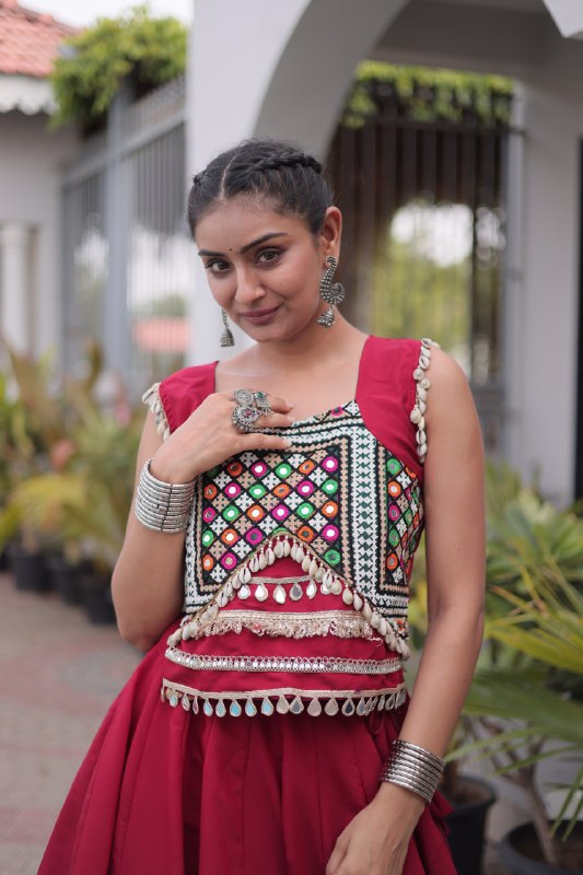 Silk Pan-Patti Gota Pattern mirror work Lehenga With Blouse For Dandiya Night