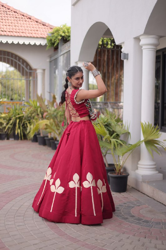 Silk Pan-Patti Gota Pattern mirror work Lehenga With Blouse For Dandiya Night