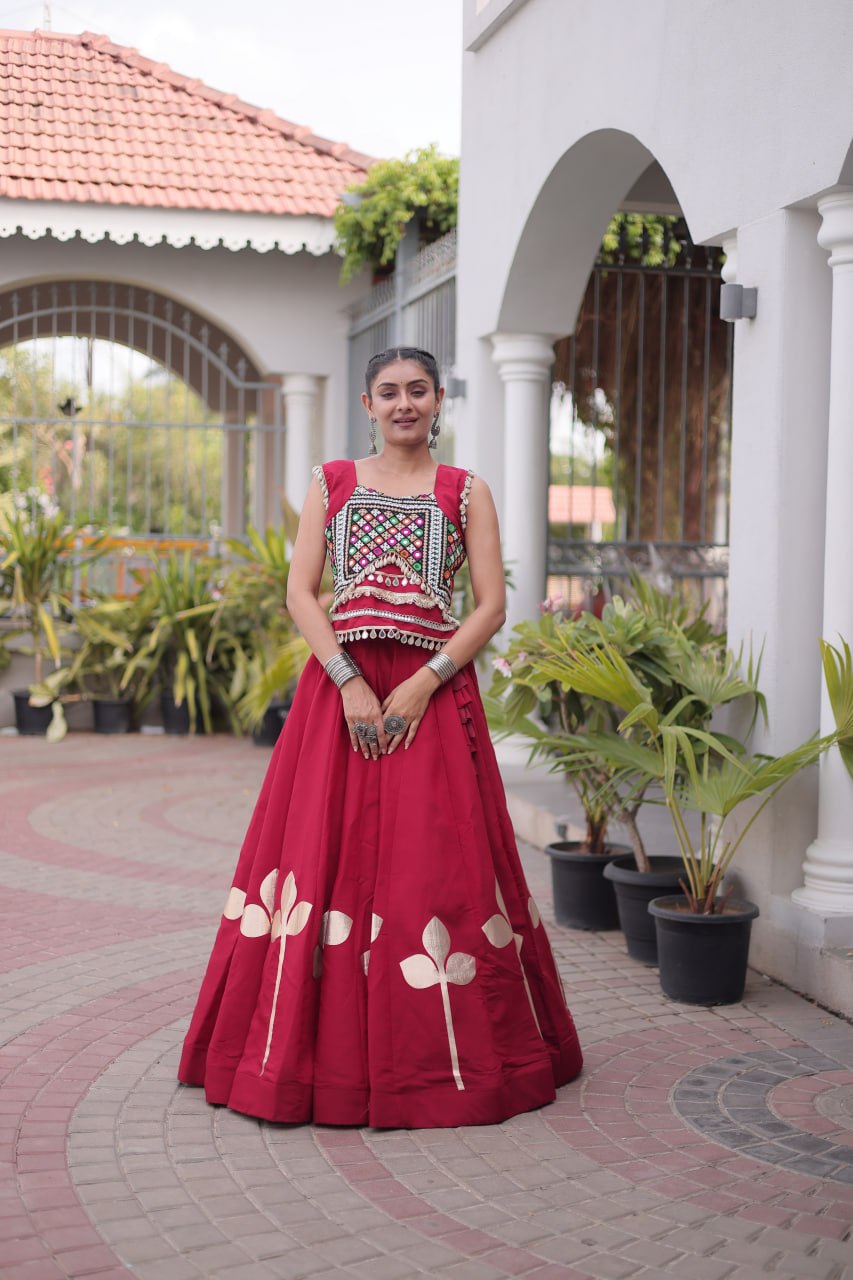 Silk Pan-Patti Gota Pattern mirror work Lehenga With Blouse For Dandiya Night