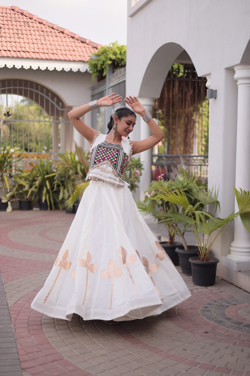 Silk Pan-Patti Gota Pattern mirror work Lehenga With Blouse For Dandiya Night
