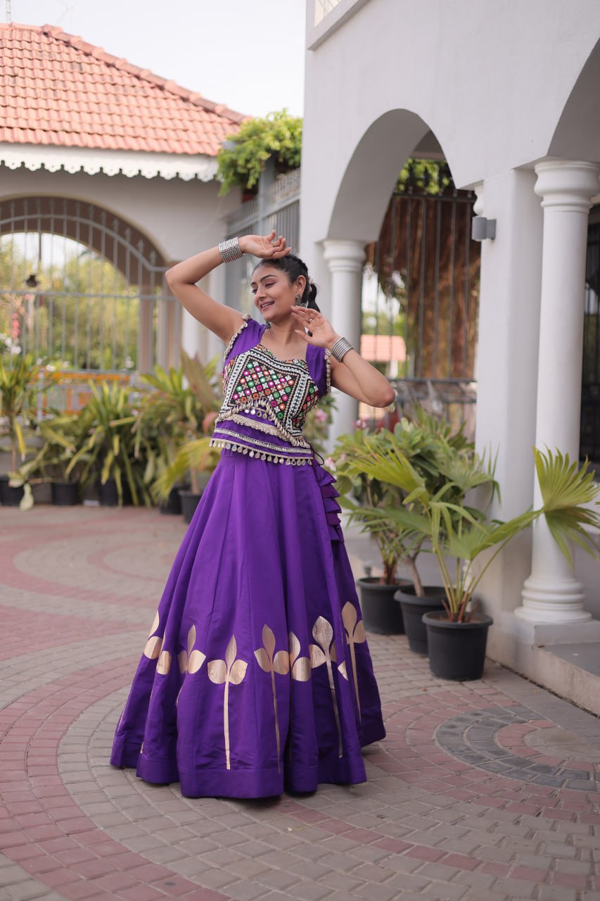 Silk Pan-Patti Gota Pattern mirror work Lehenga With Blouse For Dandiya Night