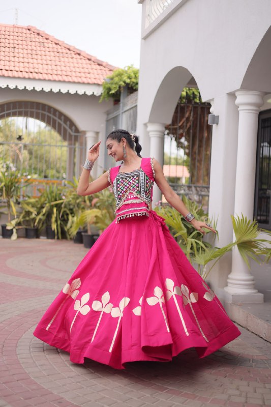 Silk Pan-Patti Gota Pattern mirror work Lehenga With Blouse For Dandiya Night