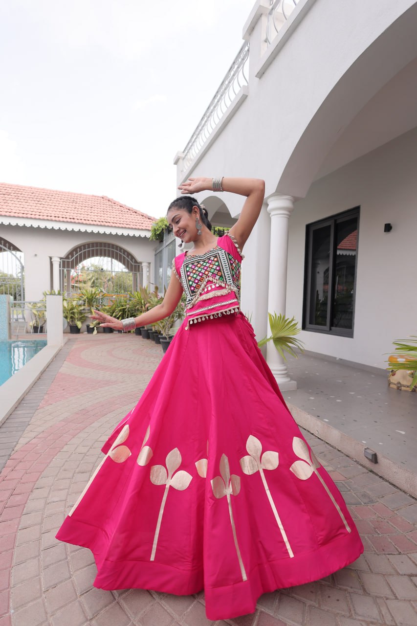 Silk Pan-Patti Gota Pattern mirror work Lehenga With Blouse For Dandiya Night