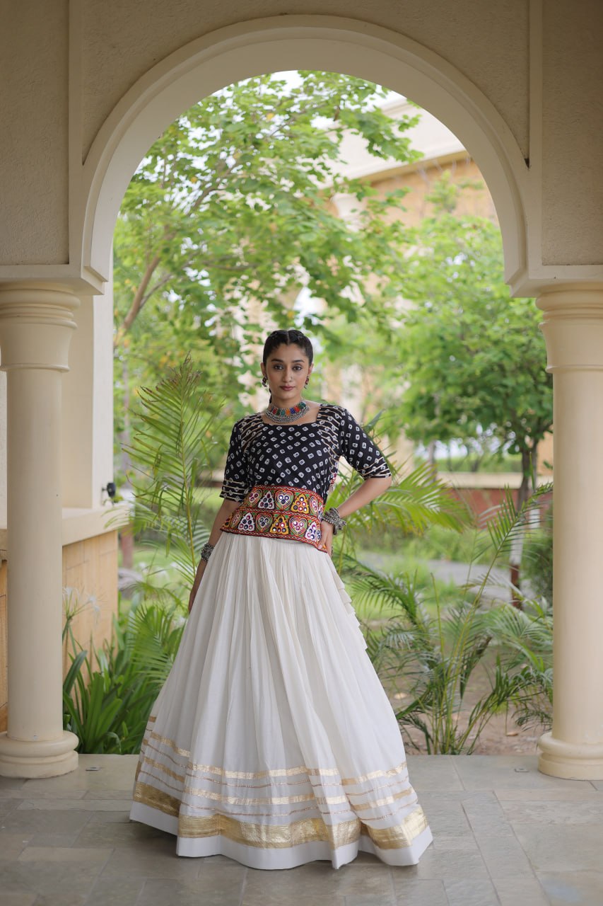 Cotton Gota-Patti & Lace work Lehegna With Bandhej Print Blouse For Navratri Festival