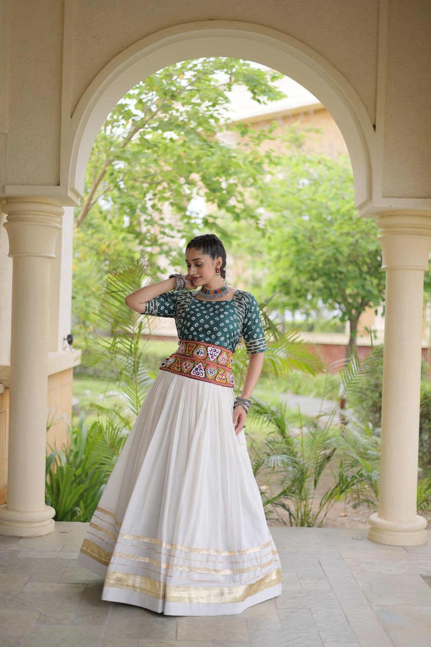 Cotton Gota-Patti & Lace work Lehegna With Bandhej Print Blouse For Navratri Festival