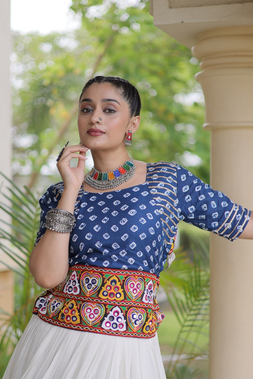 Cotton Gota-Patti & Lace work Lehegna With Bandhej Print Blouse For Navratri Festival