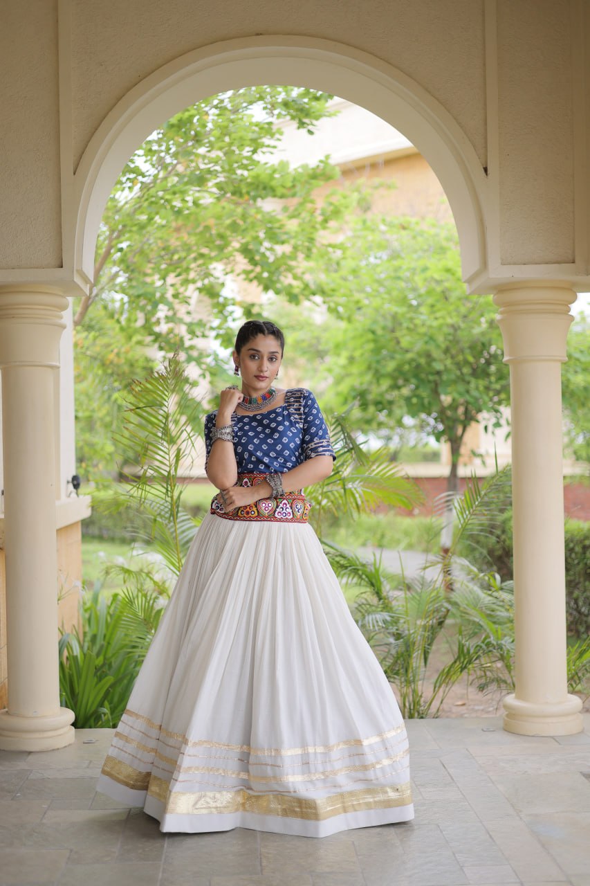 Cotton Gota-Patti & Lace work Lehegna With Bandhej Print Blouse For Navratri Festival