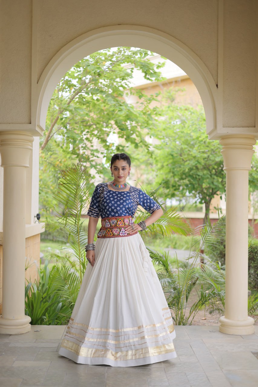 Cotton Gota-Patti & Lace work Lehegna With Bandhej Print Blouse For Navratri Festival