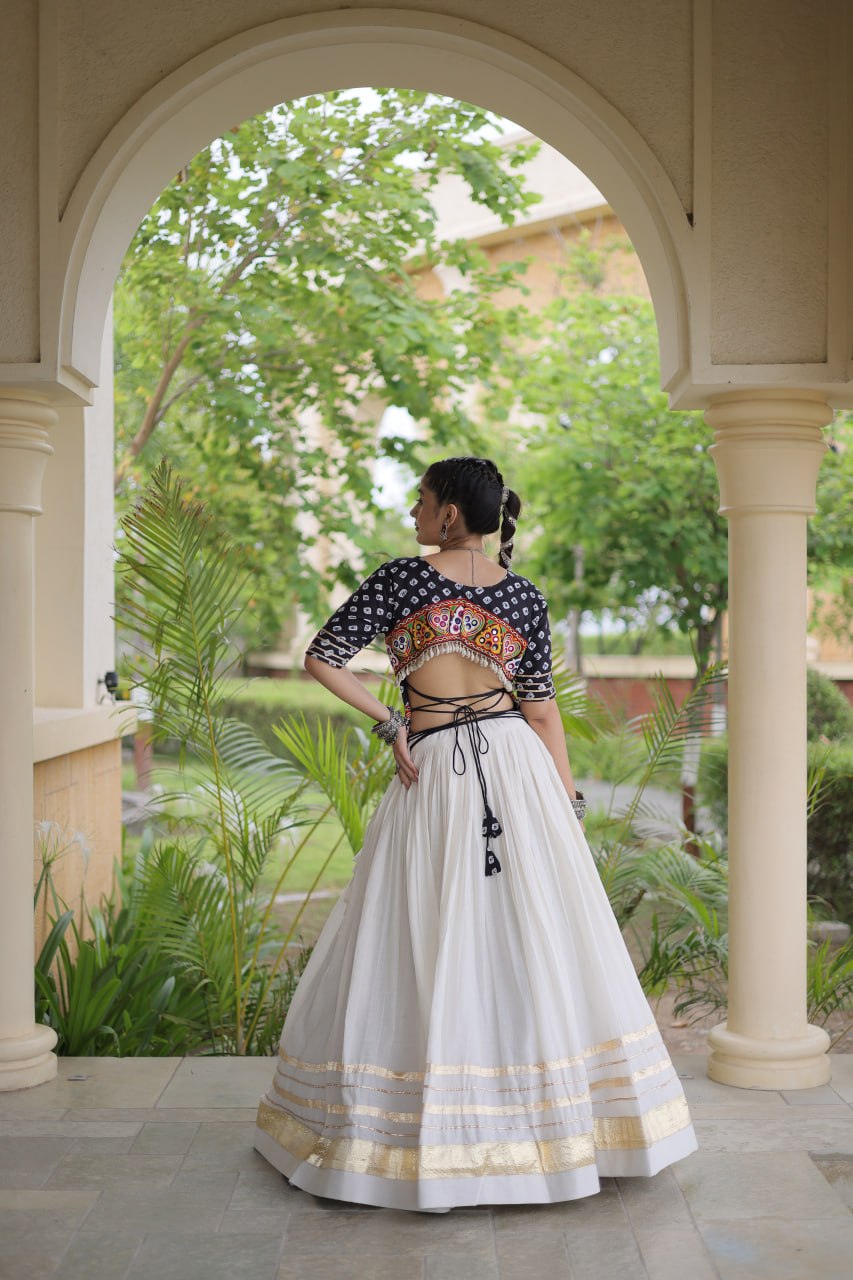 Cotton Gota-Patti & Lace work Lehegna With Bandhej Print Blouse For Navratri Festival