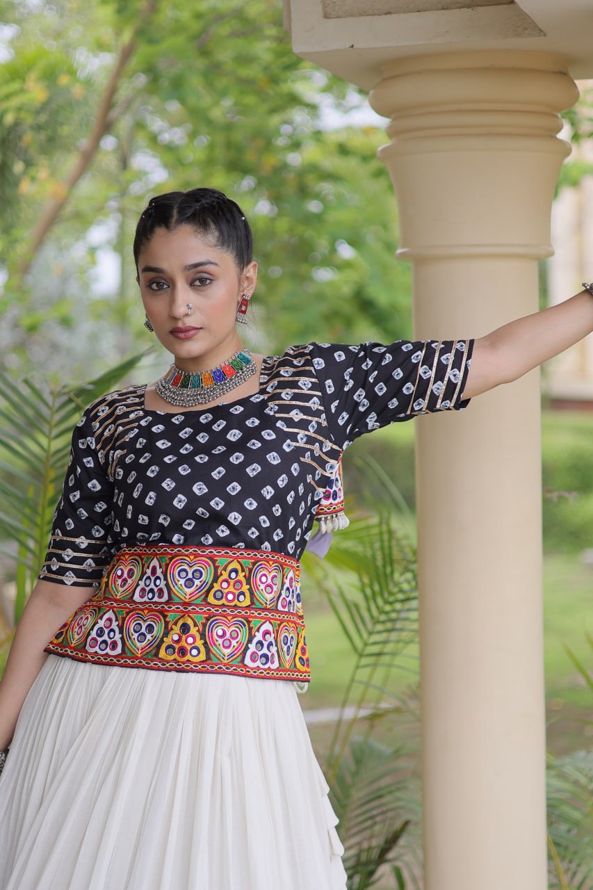 Cotton Gota-Patti & Lace work Lehegna With Bandhej Print Blouse For Navratri Festival