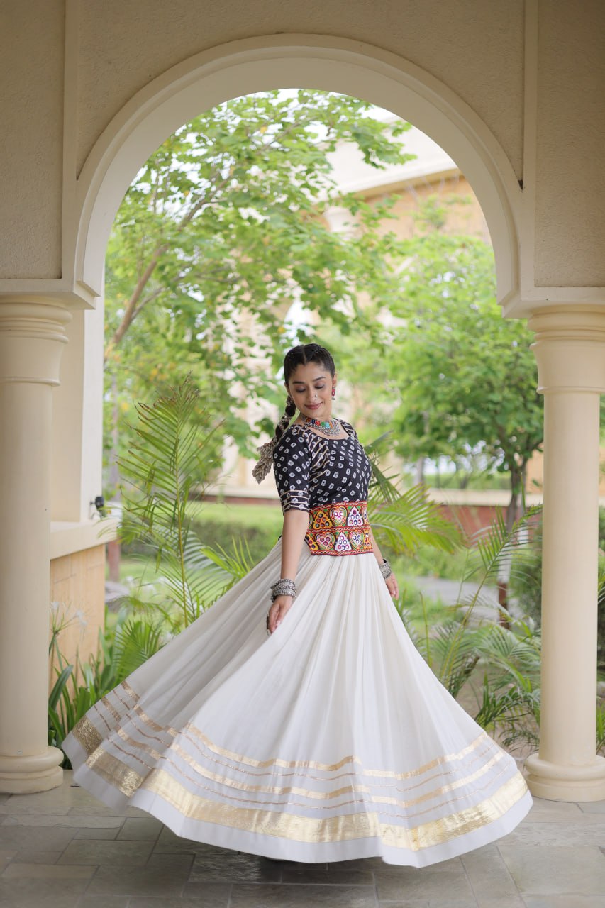 Cotton Gota-Patti & Lace work Lehegna With Bandhej Print Blouse For Navratri Festival