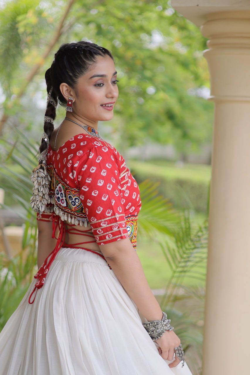 Cotton Gota-Patti & Lace work Lehegna With Bandhej Print Blouse For Navratri Festival