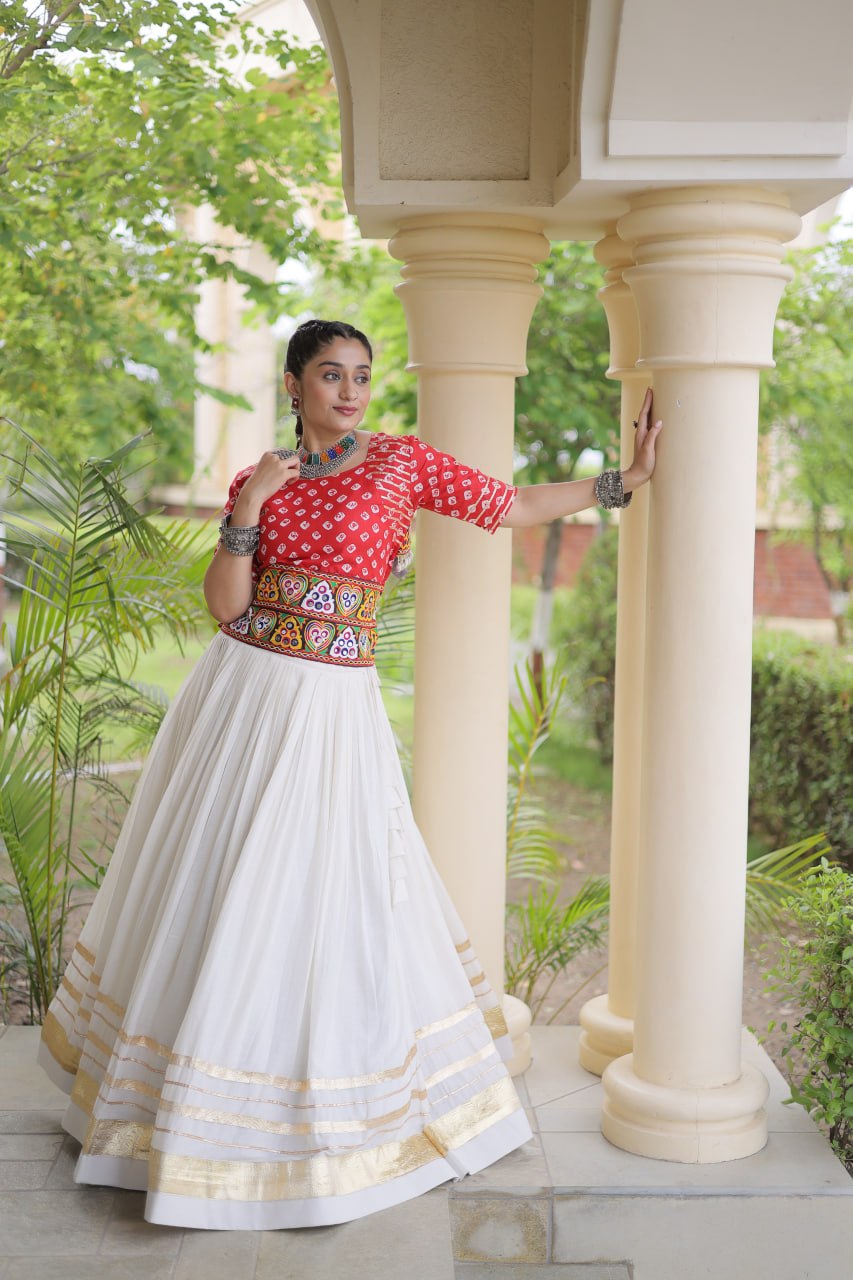 Cotton Gota-Patti & Lace work Lehegna With Bandhej Print Blouse For Navratri Festival