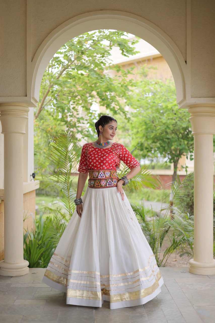 Cotton Gota-Patti & Lace work Lehegna With Bandhej Print Blouse For Navratri Festival