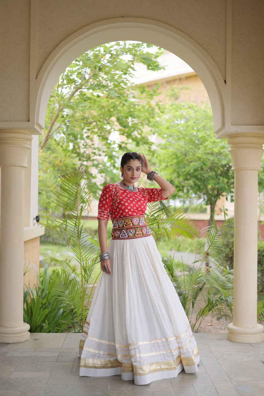 Cotton Gota-Patti & Lace work Lehegna With Bandhej Print Blouse For Navratri Festival