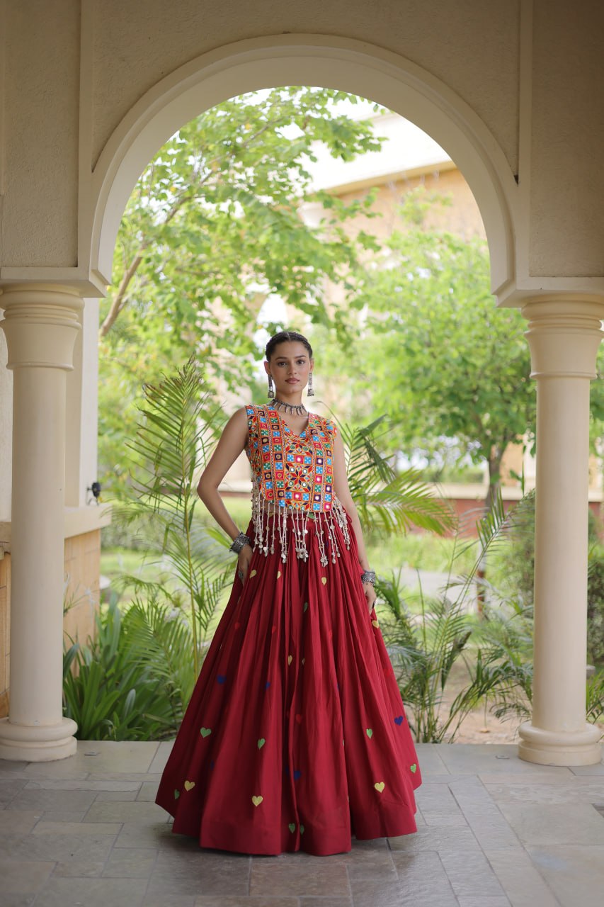 Cotton Navratri Heart thread Embroidery work Lehenga Blouse For Garba Nights