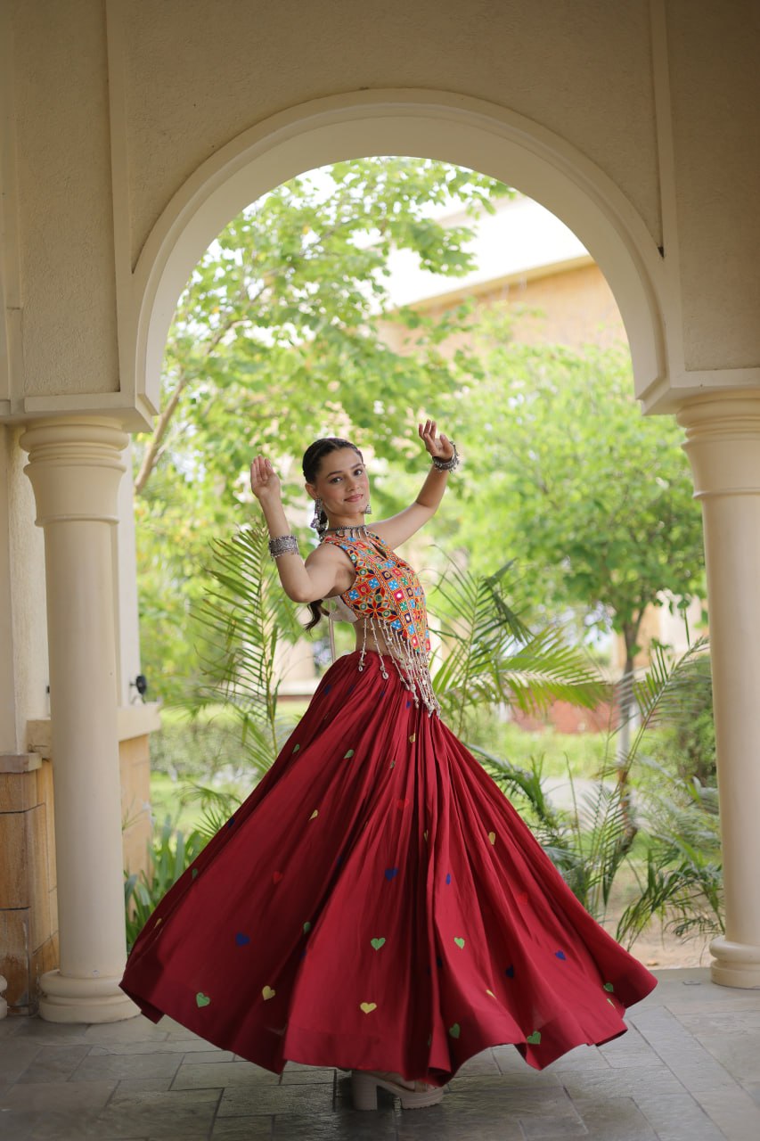 Cotton Navratri Heart thread Embroidery work Lehenga Blouse For Garba Nights