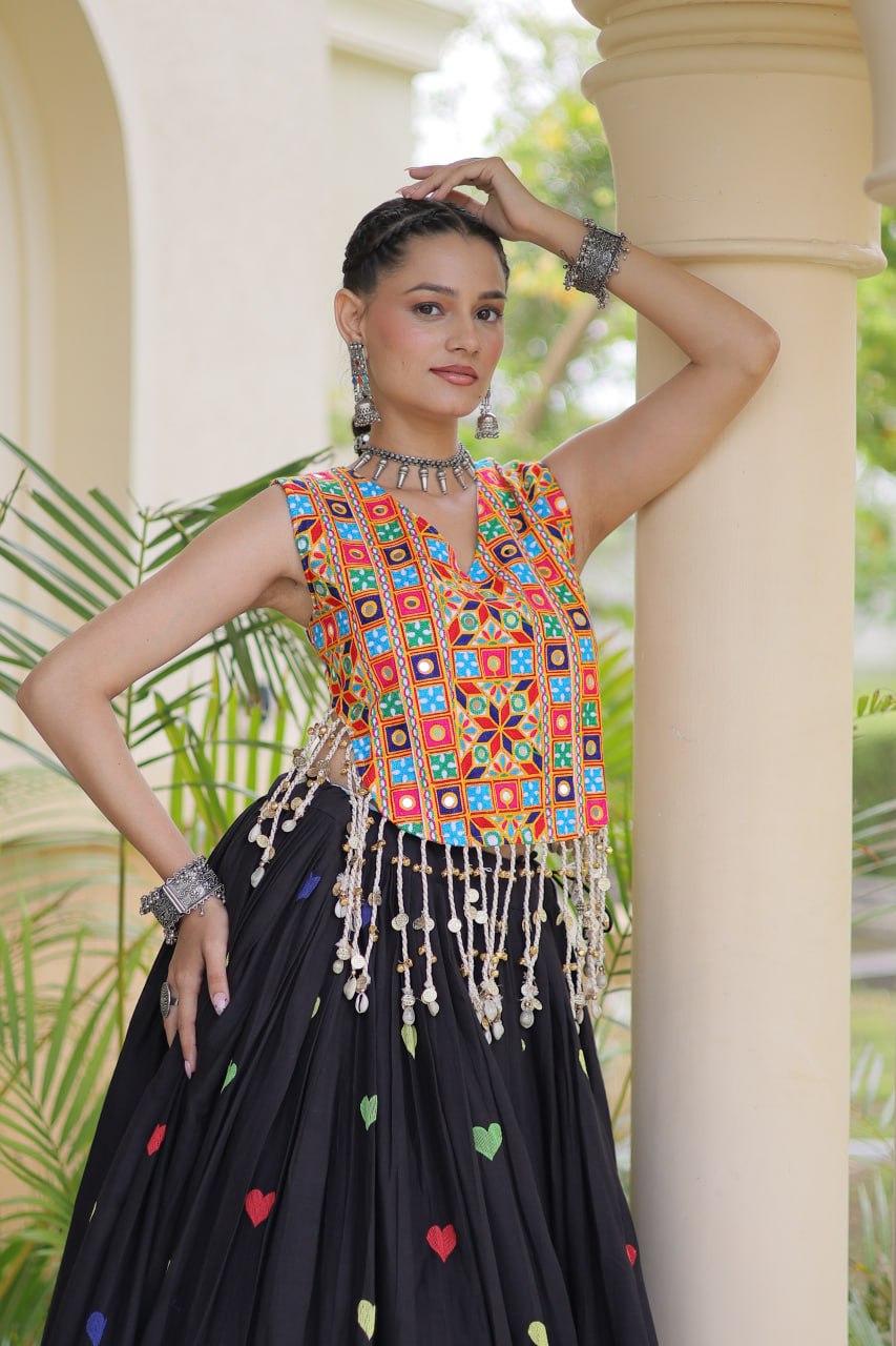 Cotton Navratri Heart thread Embroidery work Lehenga Blouse For Garba Nights