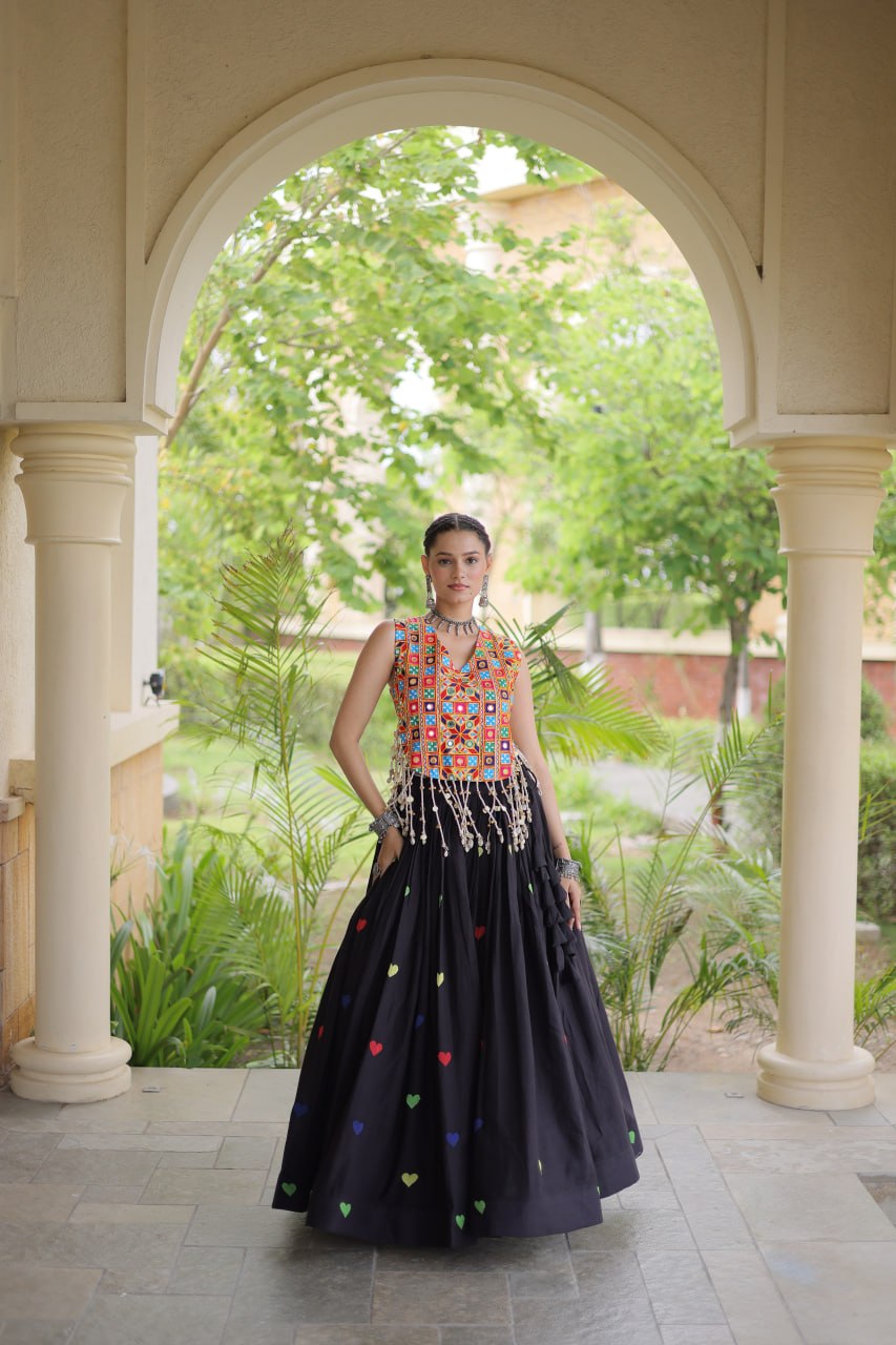 Cotton Navratri Heart thread Embroidery work Lehenga Blouse For Garba Nights