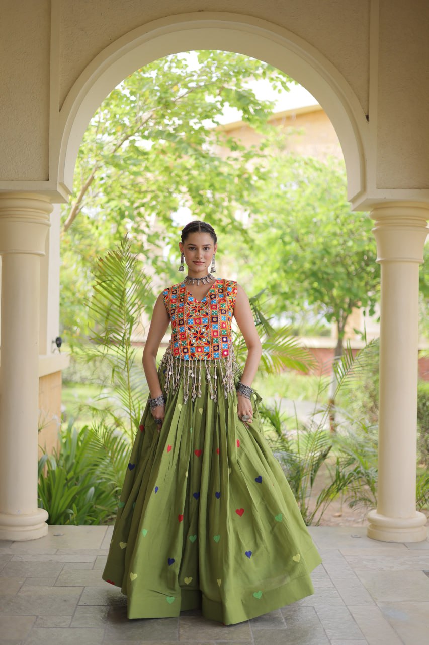 Cotton Navratri Heart thread Embroidery work Lehenga Blouse For Garba Nights