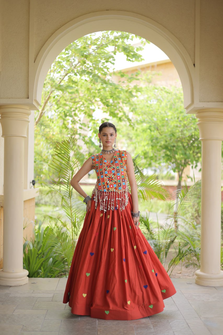 Cotton Navratri Heart thread Embroidery work Lehenga Blouse For Garba Nights