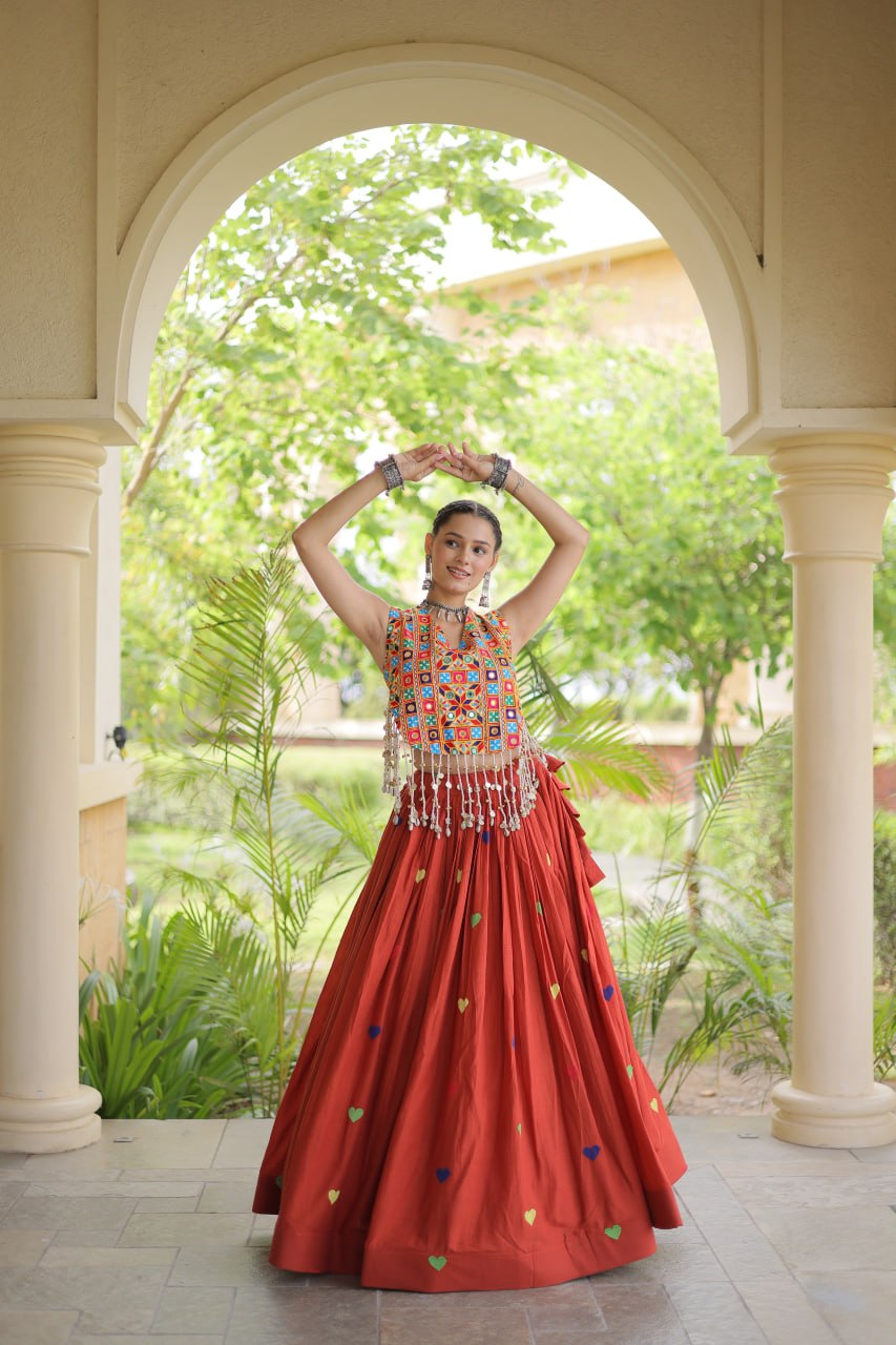 Cotton Navratri Heart thread Embroidery work Lehenga Blouse For Garba Nights