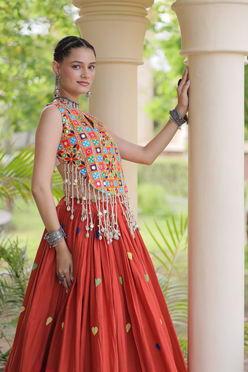 Cotton Navratri Heart thread Embroidery work Lehenga Blouse For Garba Nights