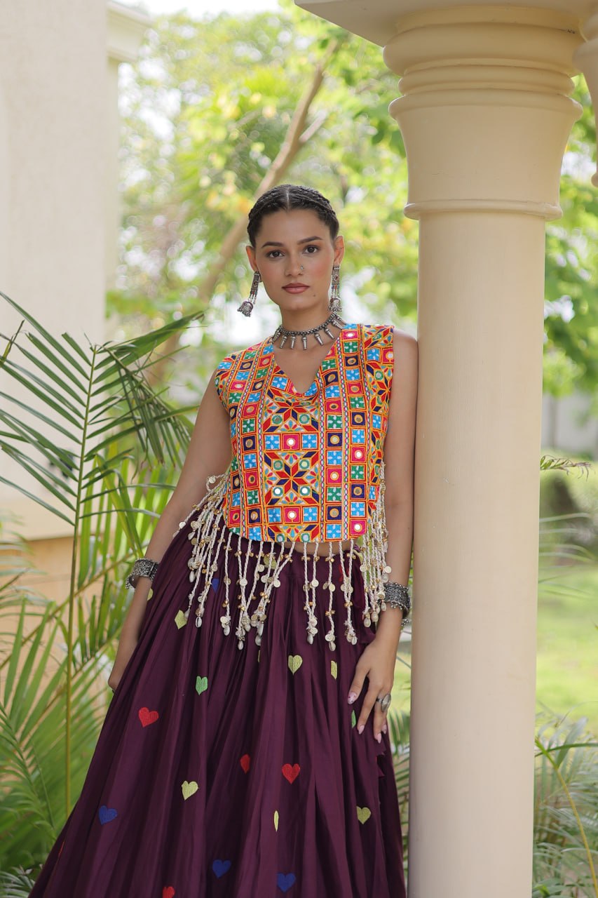 Cotton Navratri Heart thread Embroidery work Lehenga Blouse For Garba Nights
