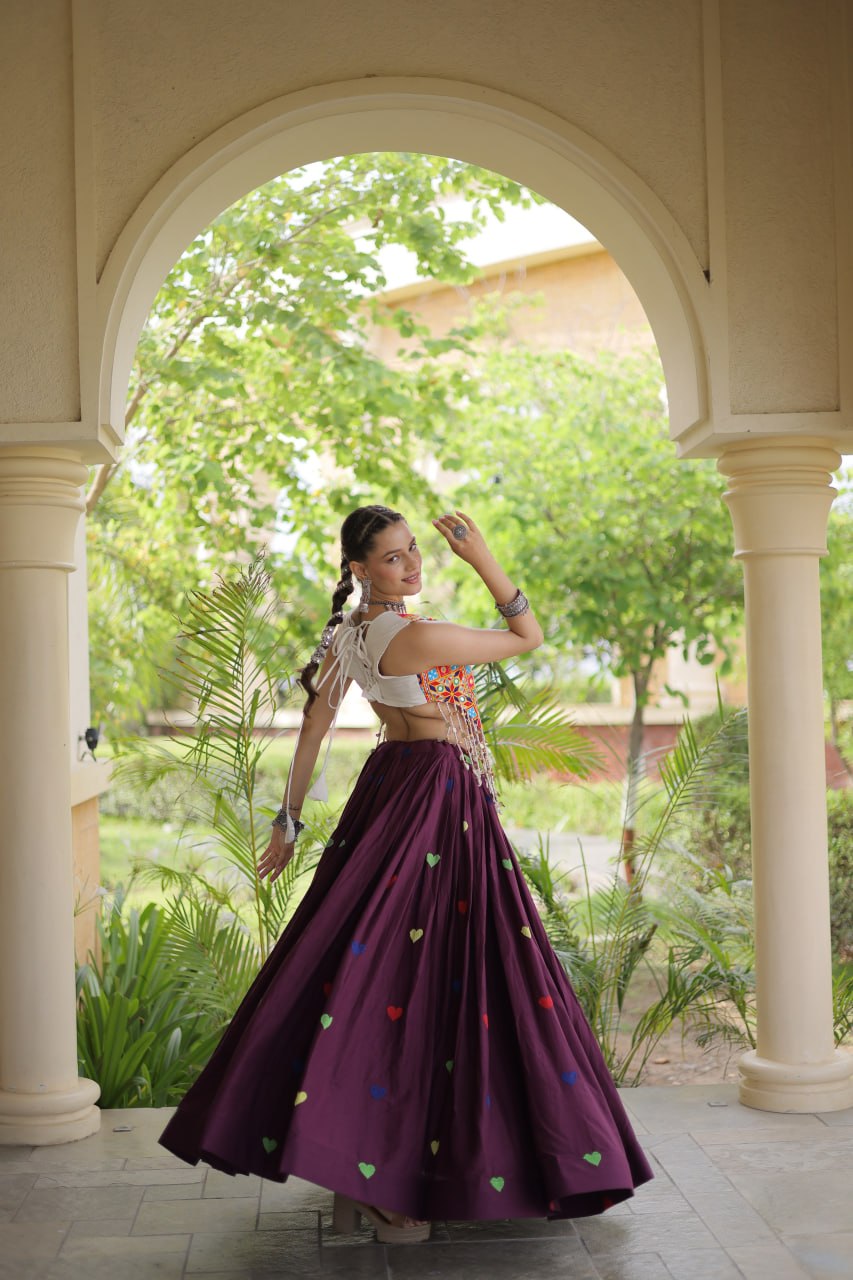 Cotton Navratri Heart thread Embroidery work Lehenga Blouse For Garba Nights