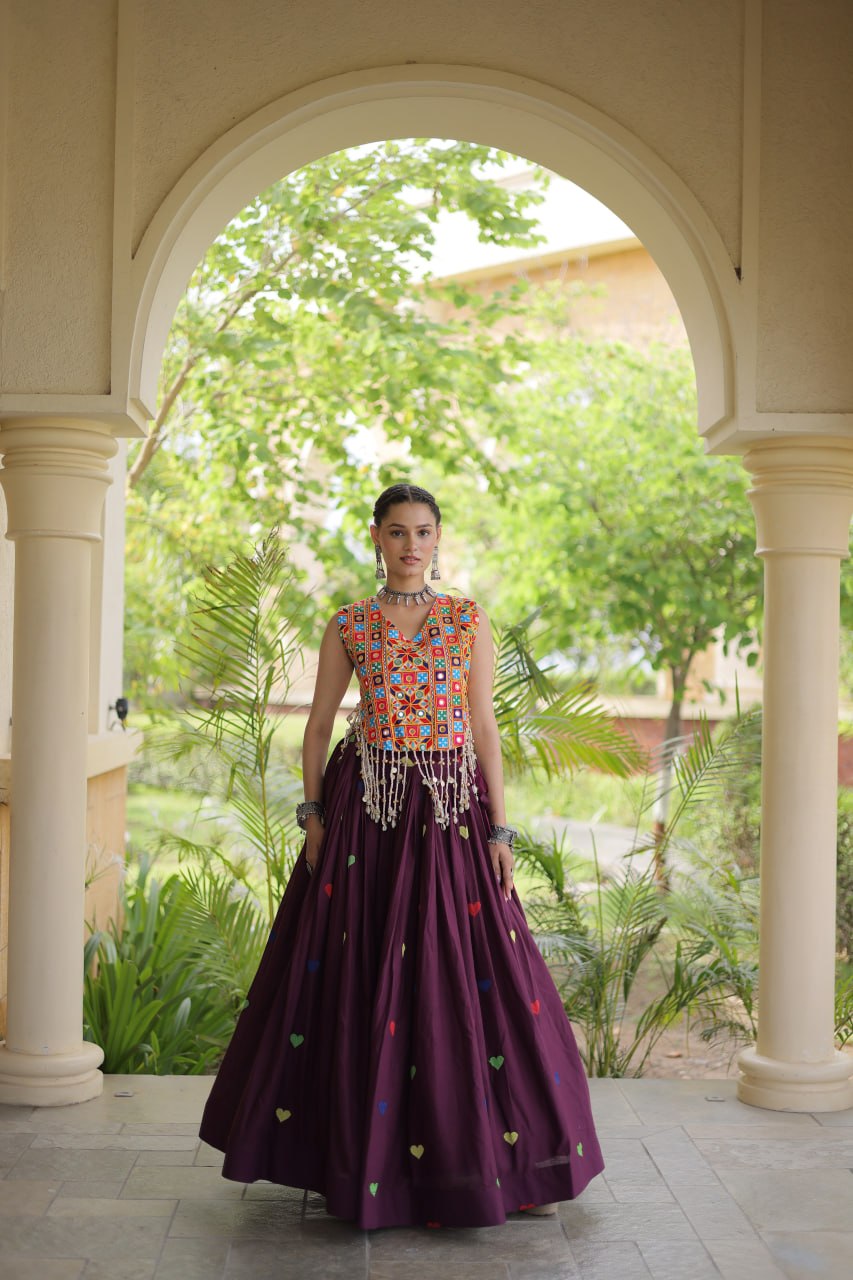 Cotton Navratri Heart thread Embroidery work Lehenga Blouse For Garba Nights
