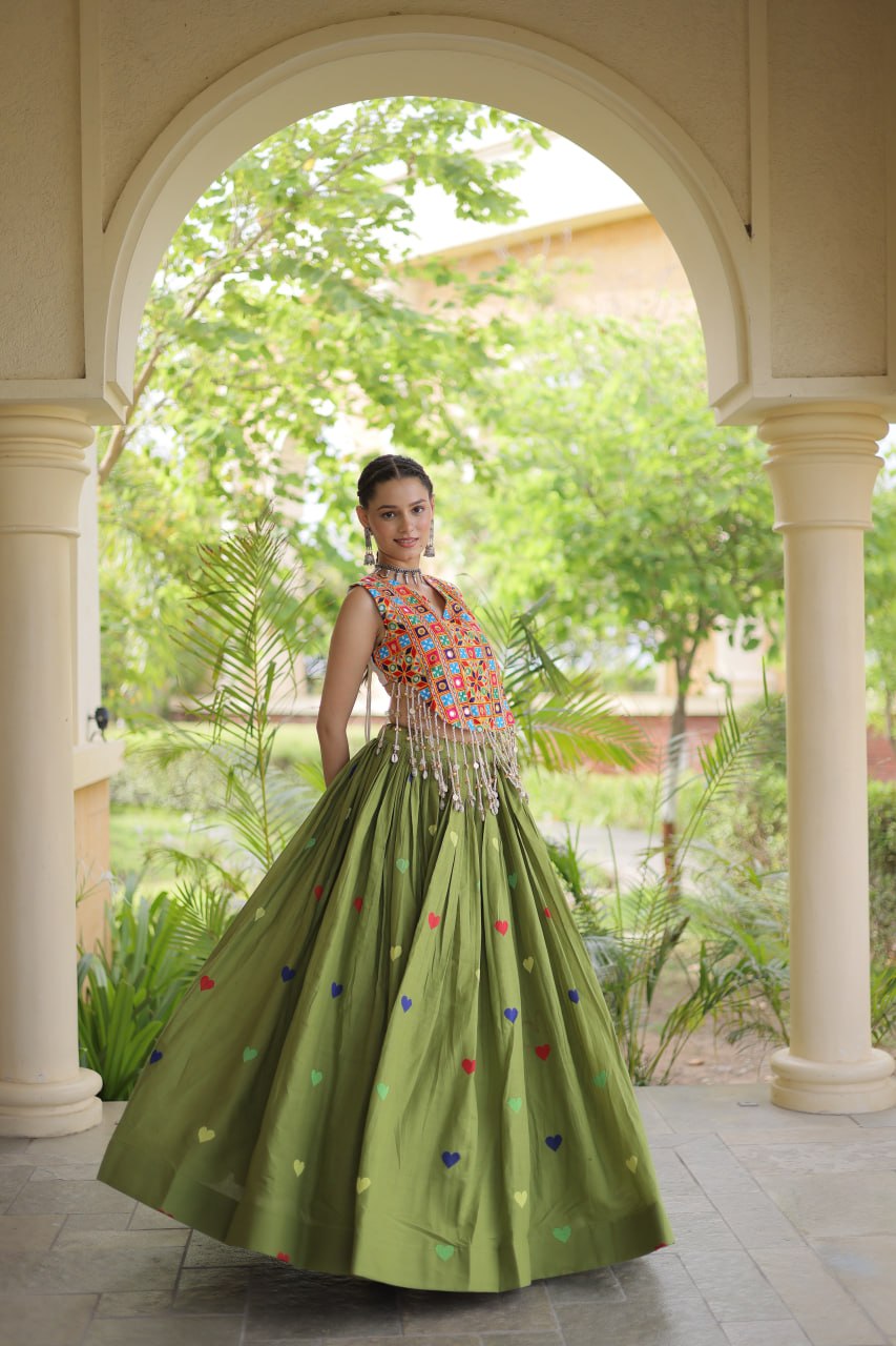Cotton Navratri Heart thread Embroidery work Lehenga Blouse For Garba Nights