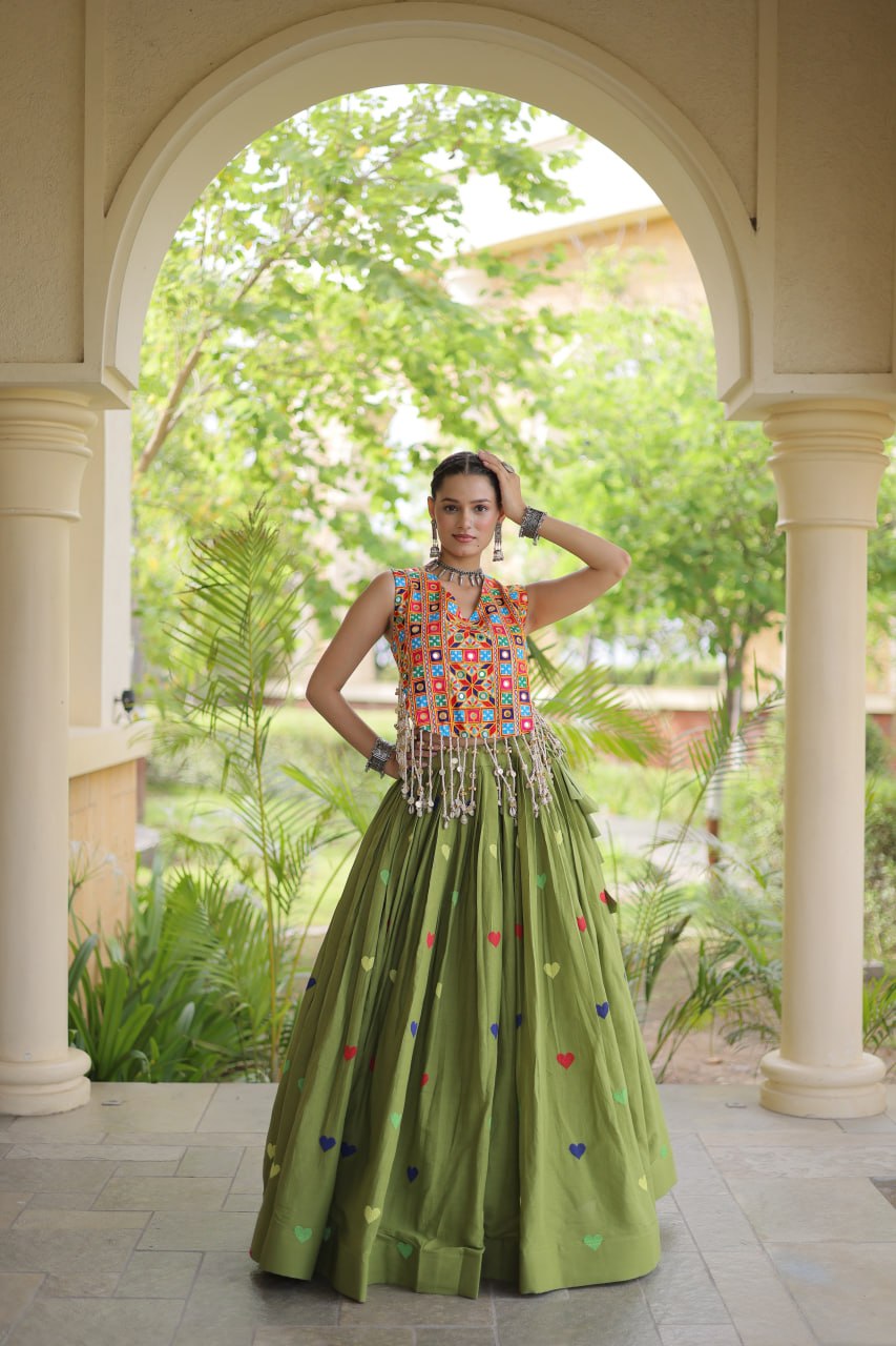 Cotton Navratri Heart thread Embroidery work Lehenga Blouse For Garba Nights