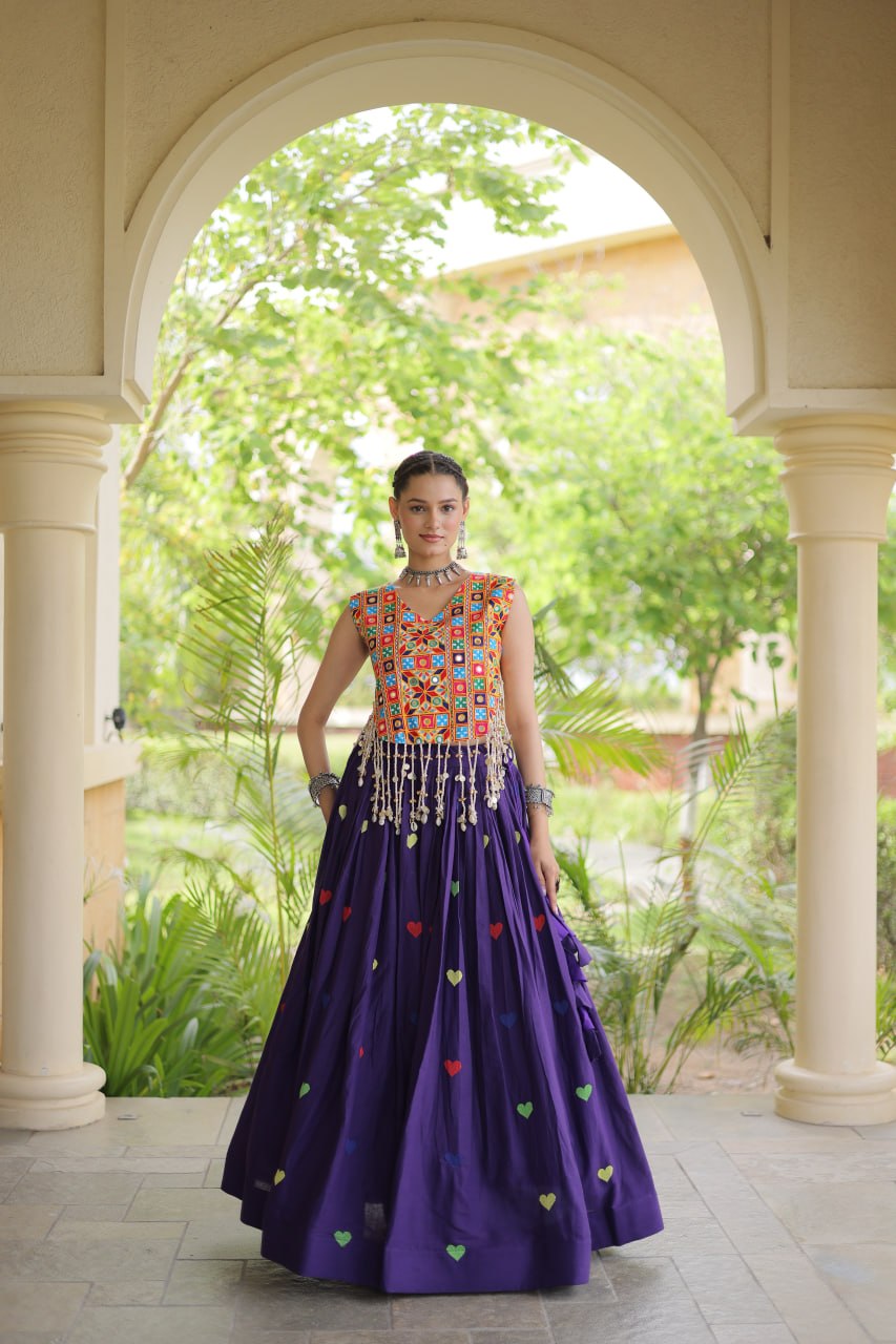 Cotton Navratri Heart thread Embroidery work Lehenga Blouse For Garba Nights