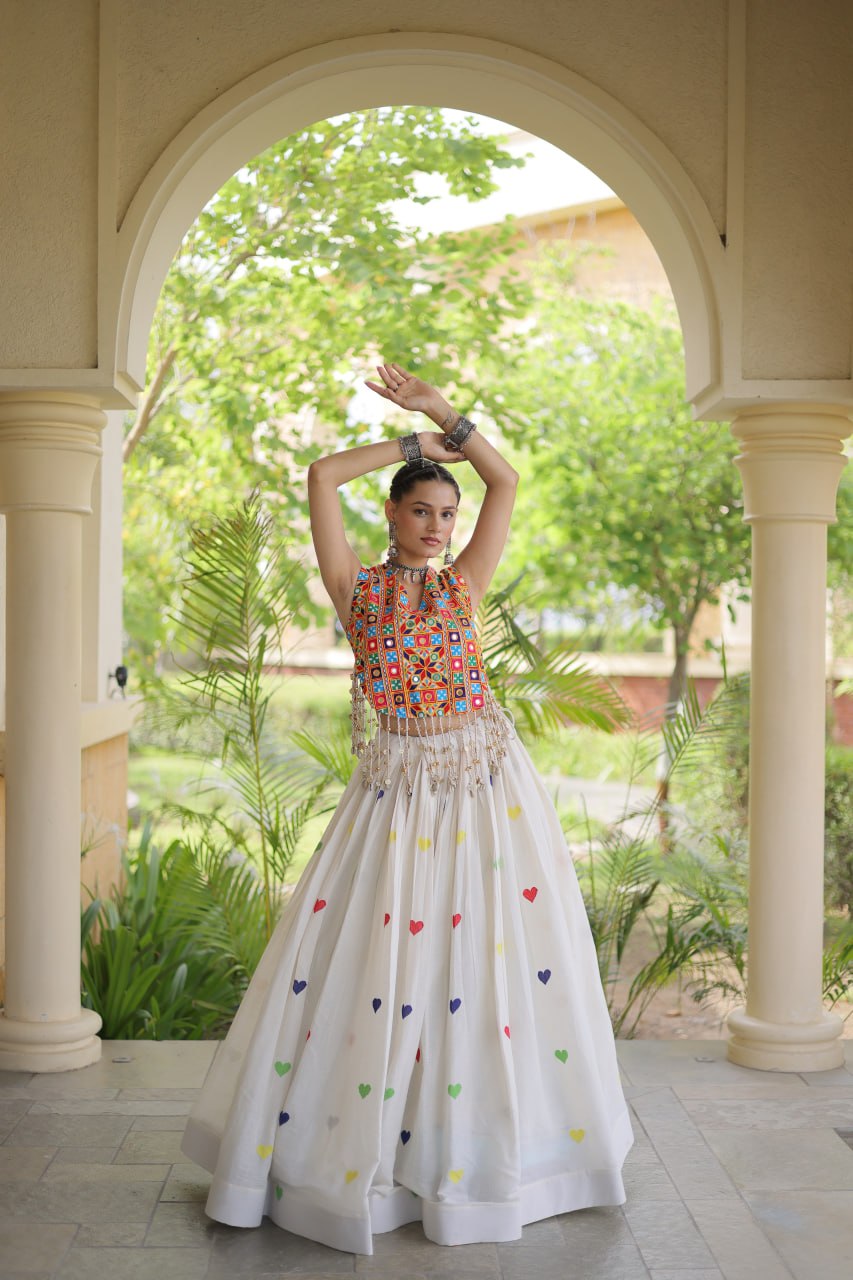Cotton Navratri Heart thread Embroidery work Lehenga Blouse For Garba Nights