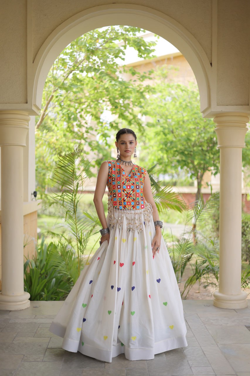Cotton Navratri Heart thread Embroidery work Lehenga Blouse For Garba Nights