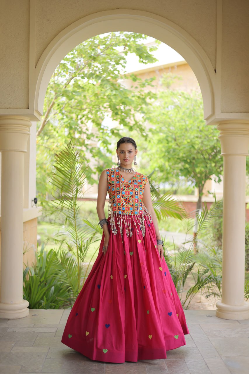 Cotton Navratri Heart thread Embroidery work Lehenga Blouse For Garba Nights