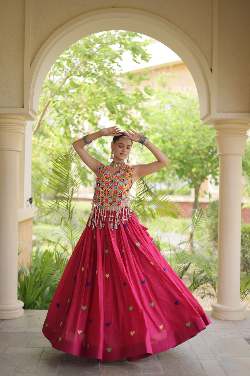 Cotton Navratri Heart thread Embroidery work Lehenga Blouse For Garba Nights
