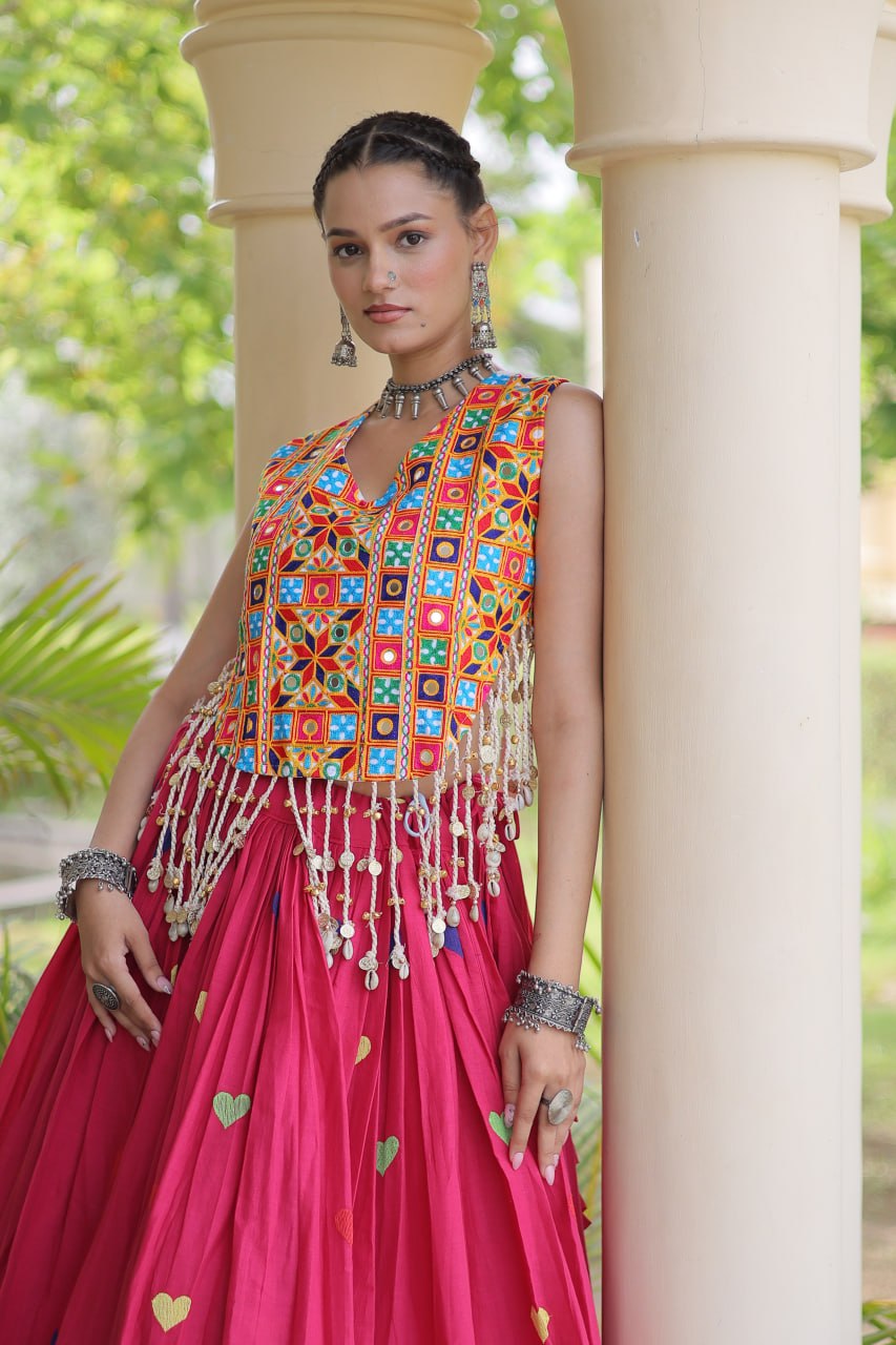 Cotton Navratri Heart thread Embroidery work Lehenga Blouse For Garba Nights