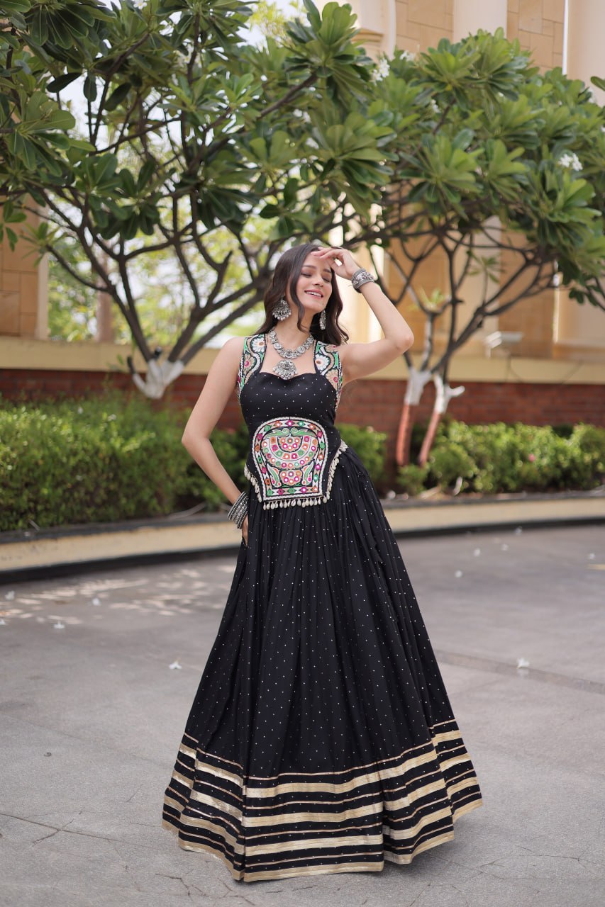 Rayon With Attractive Mukesh-work With Patti Lace work Lehenga , Blouse For Navratri