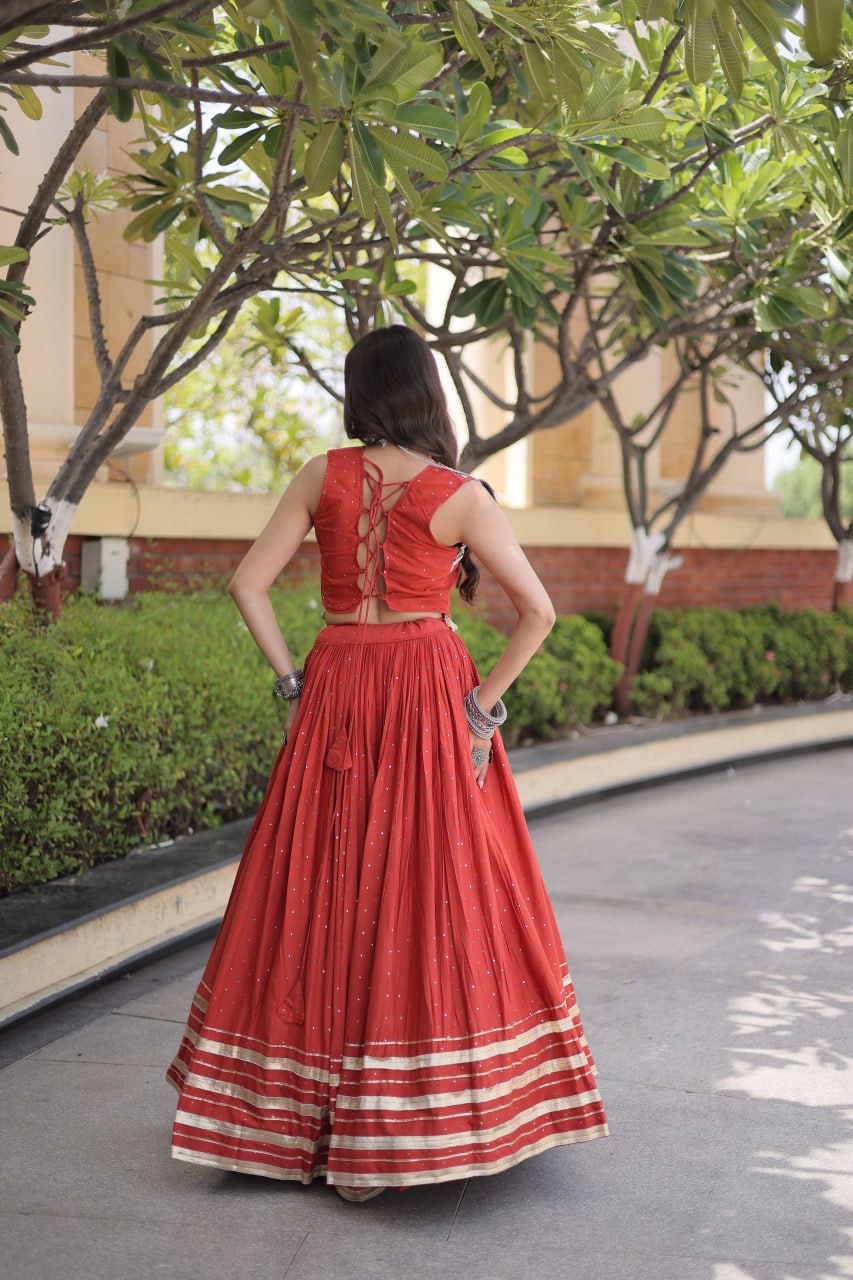 Rayon With Attractive Mukesh-work With Patti Lace work Lehenga , Blouse For Navratri