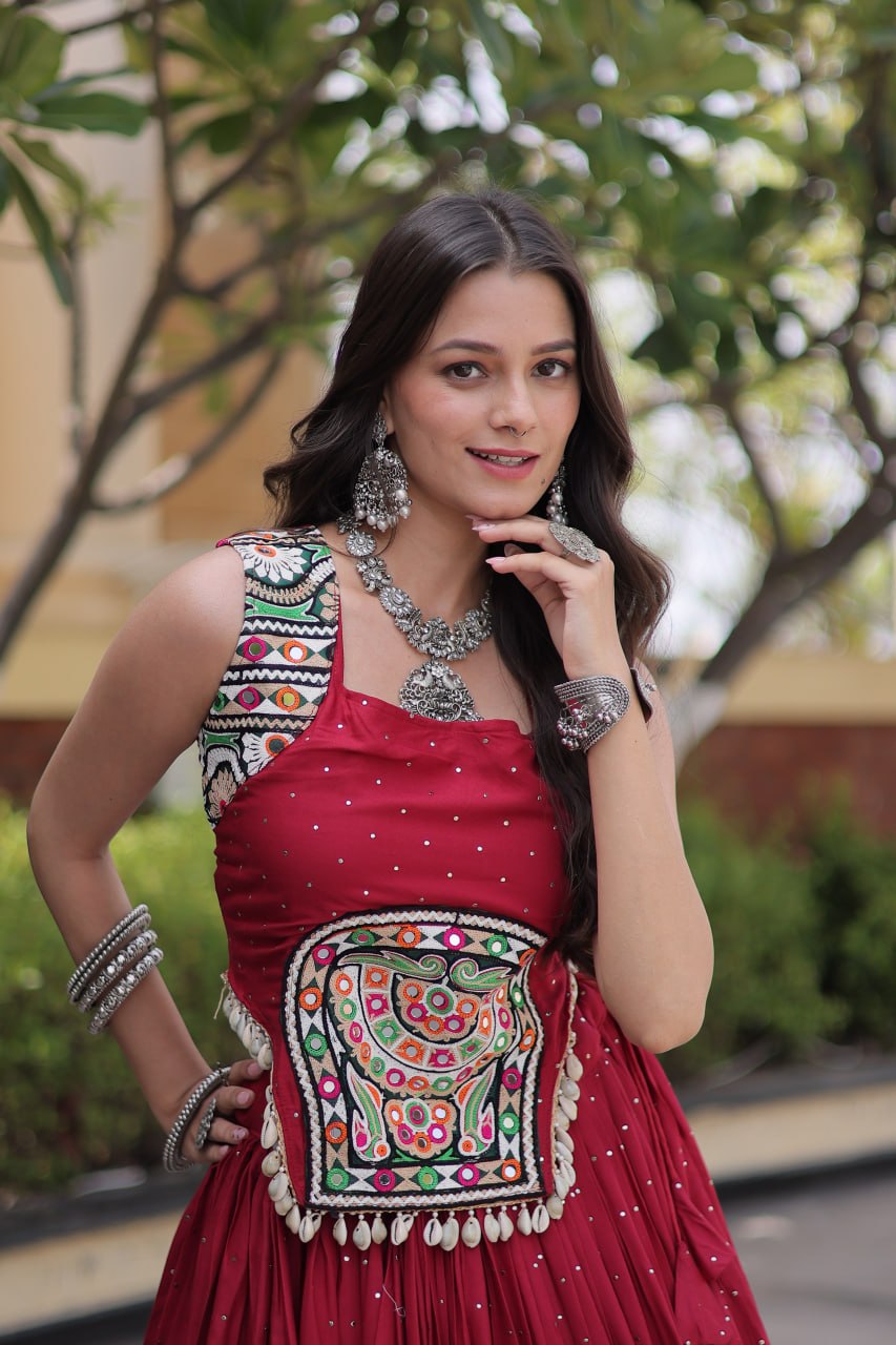 Rayon With Attractive Mukesh-work With Patti Lace work Lehenga , Blouse For Navratri