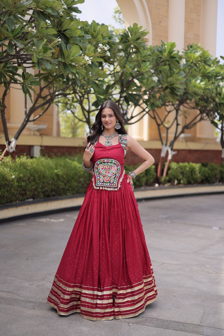 Rayon With Attractive Mukesh-work With Patti Lace work Lehenga , Blouse For Navratri